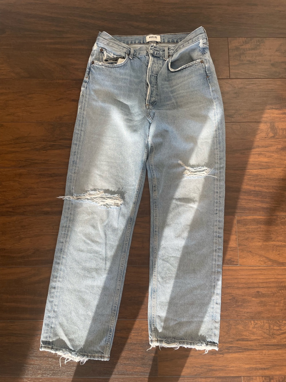 Agolde Light Blue Straight Jeans with Distressed Knees - bought at Aritzia